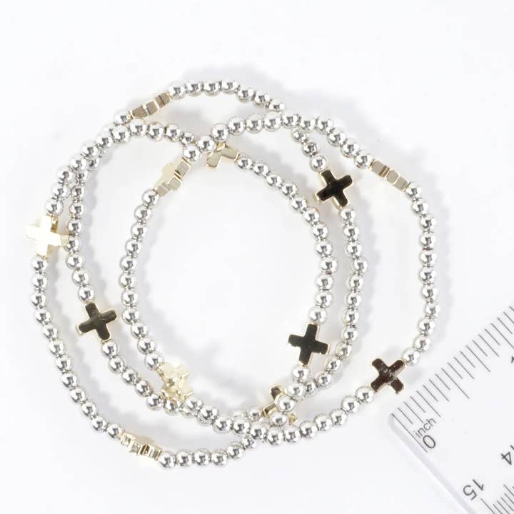 Wild Honey - Wholesale Jewelry Set - 3PC-Set Metallic Beads Cross Stackable Stretch Bracelets3