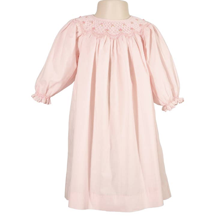 Hello Bebes! - Wholesale Dress - Baby - Solid Pink Geo Smocked Short Sleeve Bishop Dress