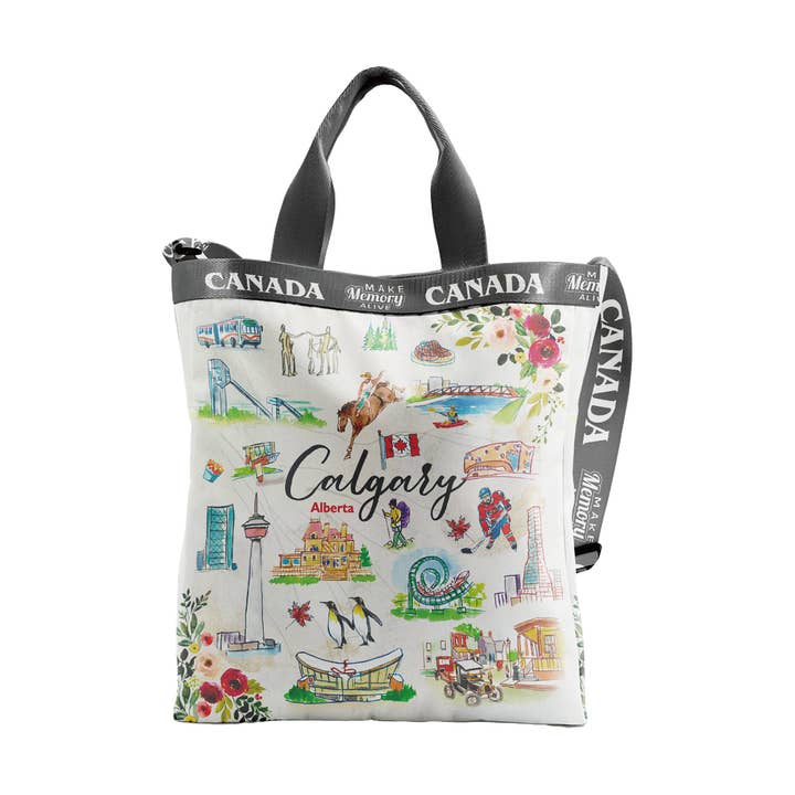 Northern Icons Canada - Wholesale Tote Bag - Women's - Calgary Alberta Two-Way Sling Bag – Illustrated Canadian City Travel Tote Carryall2