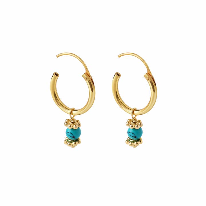 Juulry - Wholesale Oorringen - Vergulde Hoepeloorbellen turkooizen steen1