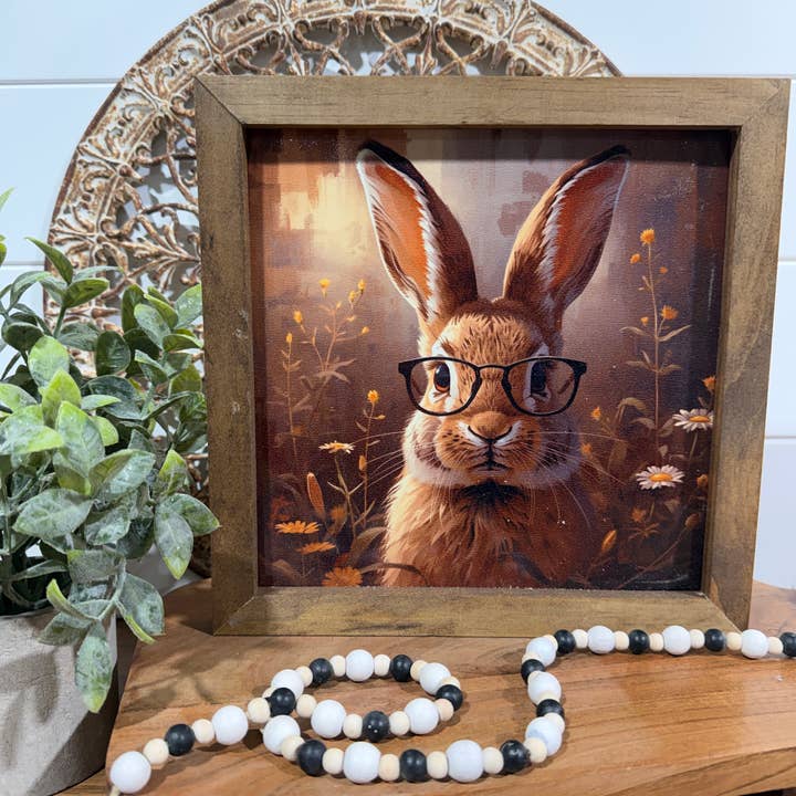 bunny with glasses sign, Whimsical farmhouse rabbit decor for wholesale by The Broken Board