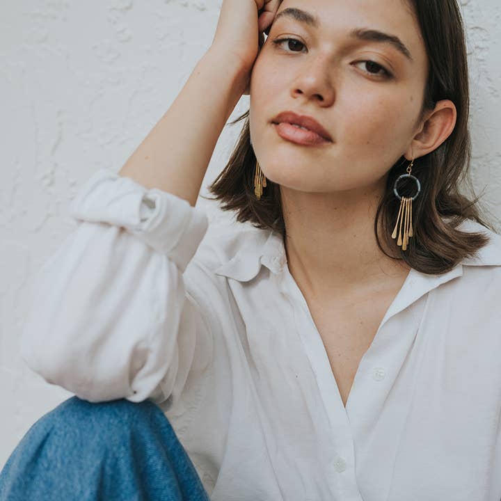 Matr Boomie Fair Trade - Wholesale Tassel Earrings - Kaia Brass Tassel Earrings - Blue Thread Wrapped2