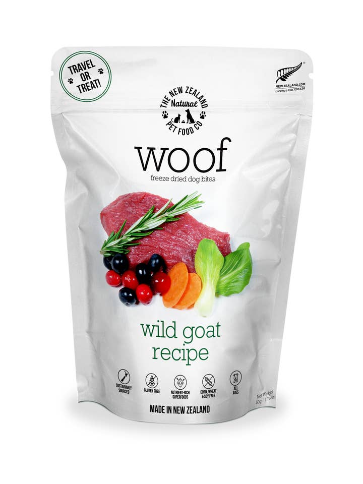 Woof Wild Goat Freeze Dried Dog Bites 1.76oz for wholesale by The New Zealand Natural Pet Food Co