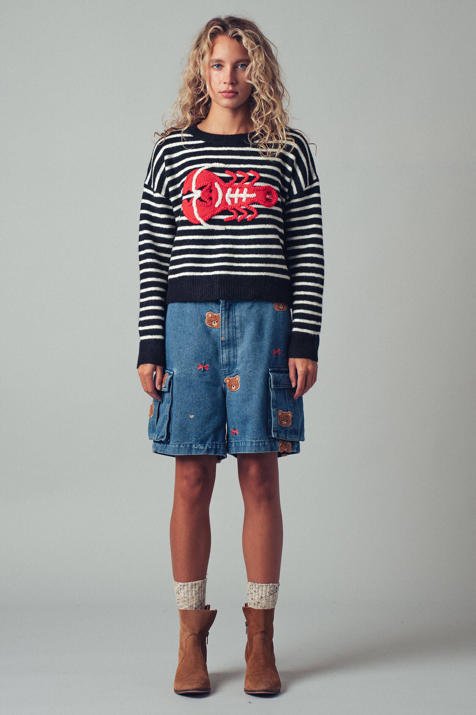 Urban Daizy - Vente Pull en maille – femme - Pull à déclaration nautique avec homard rouge brodé25