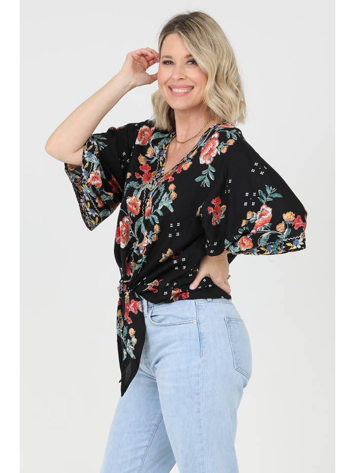 Nostalgia - Wholesale Blouse - Women's - N2Q81-A652 WIDE SLEEVE TIE WAIST V NECK BLOUSE