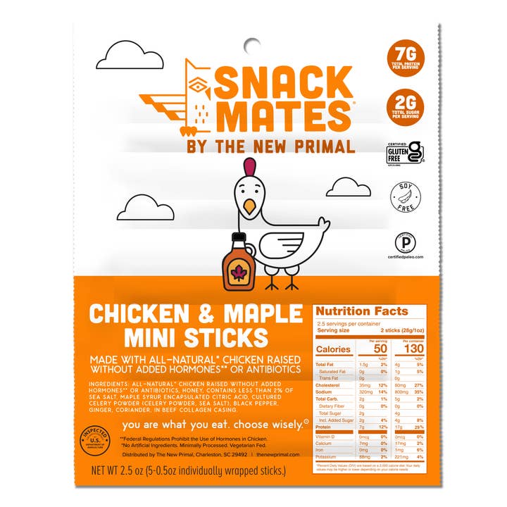 New Primal - Wholesale Jerky - Snack Mates Chicken & Maple Mini Meat Sticks (5ct.)