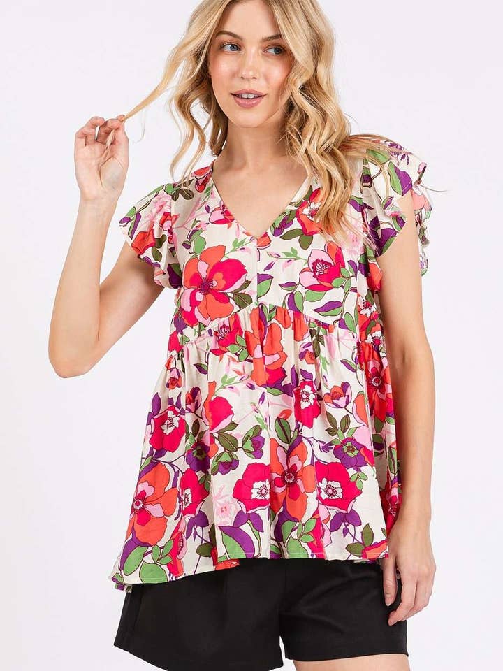 FLOWER PRINT RUFFLE SLEEVE V-NECK BABYDOLL TOP for wholesale by mittoshop