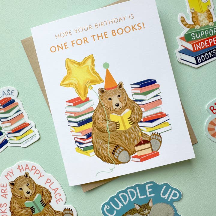 Yeppie Paper - Wholesale Birthday Card - Reading Bear with Books and Cake Birthday Card