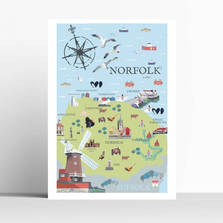 Carte Illustrée de Norfolk Impression pour la vente par BETTY BOYNS MAPS