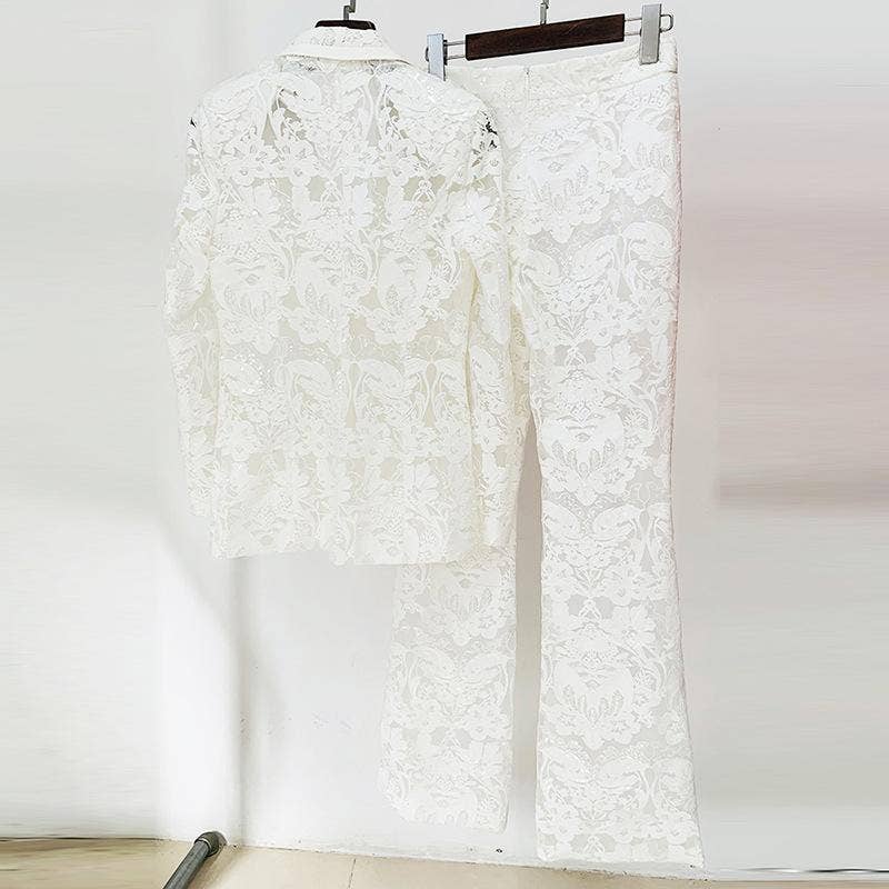 Keira White Lace Blazer and Pant Two Piece Set for wholesale on Faire2