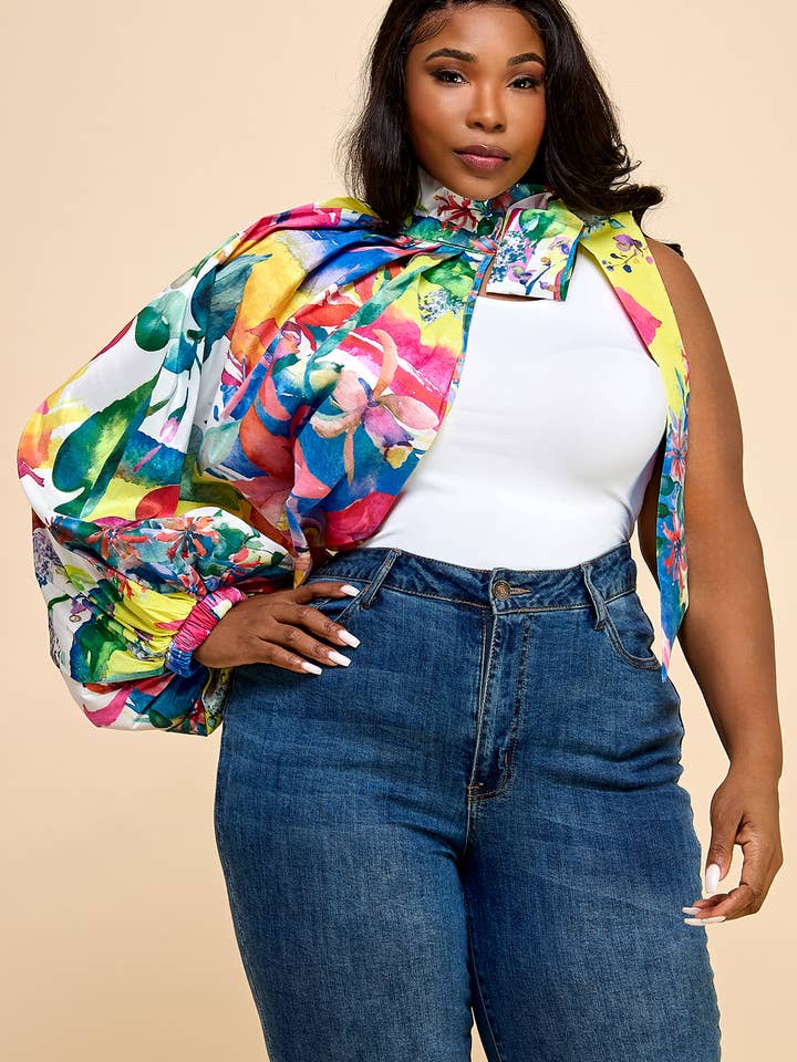 PLUS Tie High Neck One Balloon Long Sleeve Blouse Top for wholesale by Namatt Design