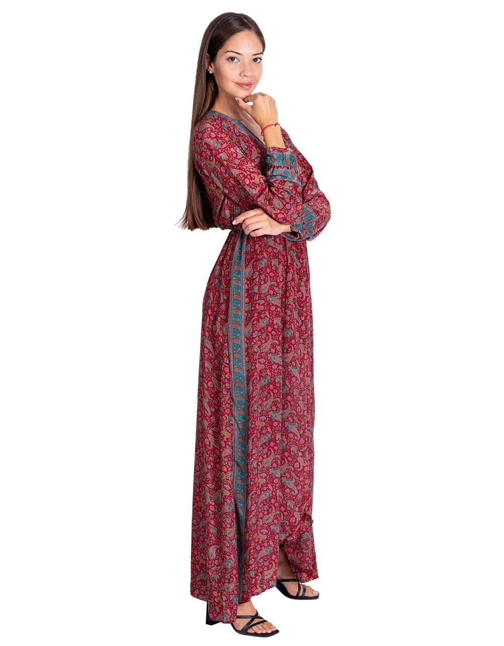 Kimago Look - Vente Robe – femme - Robe longue style bohème en soie bordeaux à imprimé cachemire avec fente2