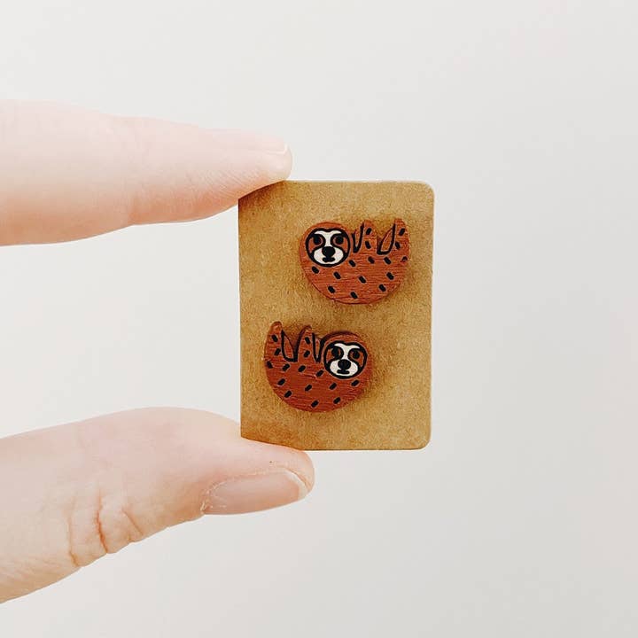 Sloth Stud Earrings , Birch Wood, Hand Painted for wholesale by Remember November, Inc