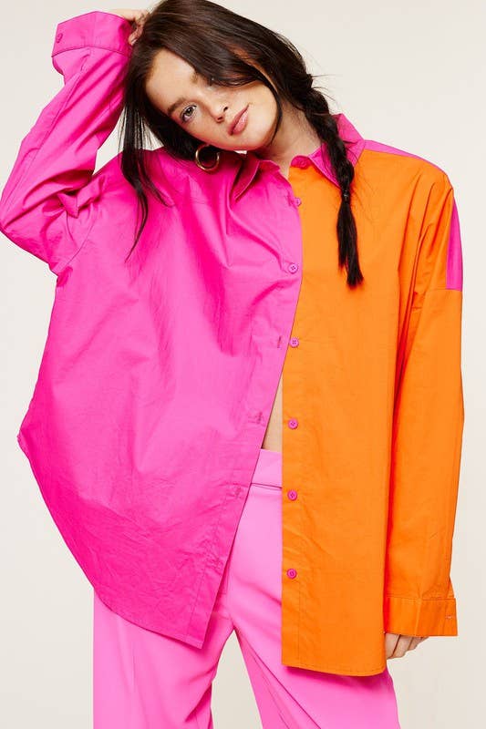 Mimosa - Wholesale Button Down Shirt - Women's - Color-Block Oversized Button Down Shirt6