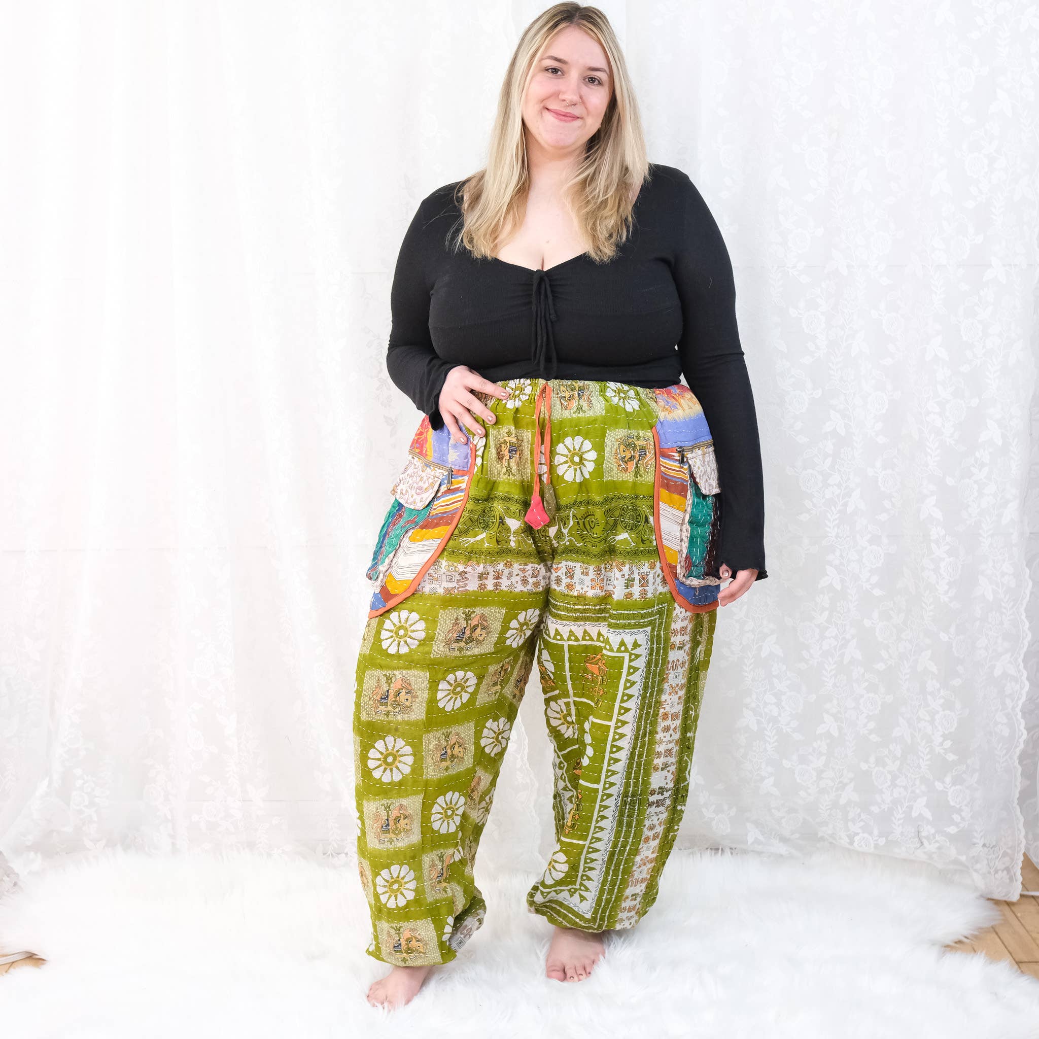 Karma Nepal Crafts - Wholesale Pants - Women's - One of a Kind Kantha Baggy Pants with Pockets2
