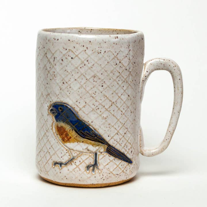 Blue Bird Pattern Handmade Stoneware White 14oz Mug for wholesale by White Squirrel Clayworks