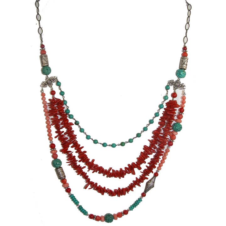 Coral Turquoise Layered Sterling Necklace for wholesale by Amy Kahn Russell