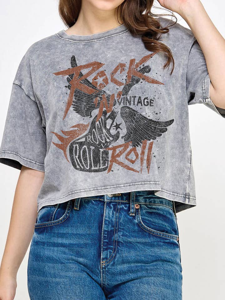 ROCK AND ROLL VINTAGE MINERAL GRAPHIC LONG CROP TOP for wholesale by Rustee Clothing