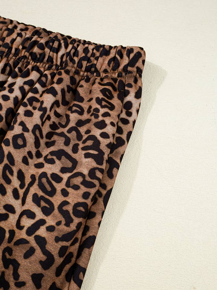 Coffee Leopard Print Contrast Trim Long Sleeve Top and Pants Set for wholesale on Faire8