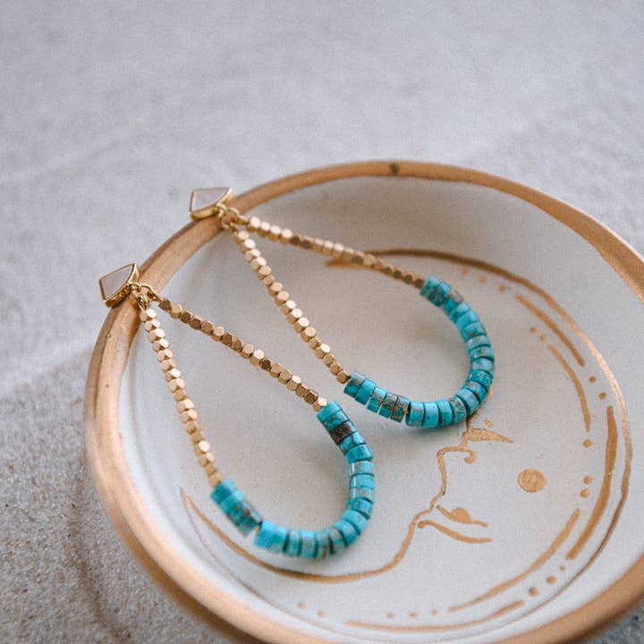 Cecelia Designs Jewelry - Wholesale Dangle Earrings - Turquoise & Faceted Gold Teardrop Earrings with Shell Post