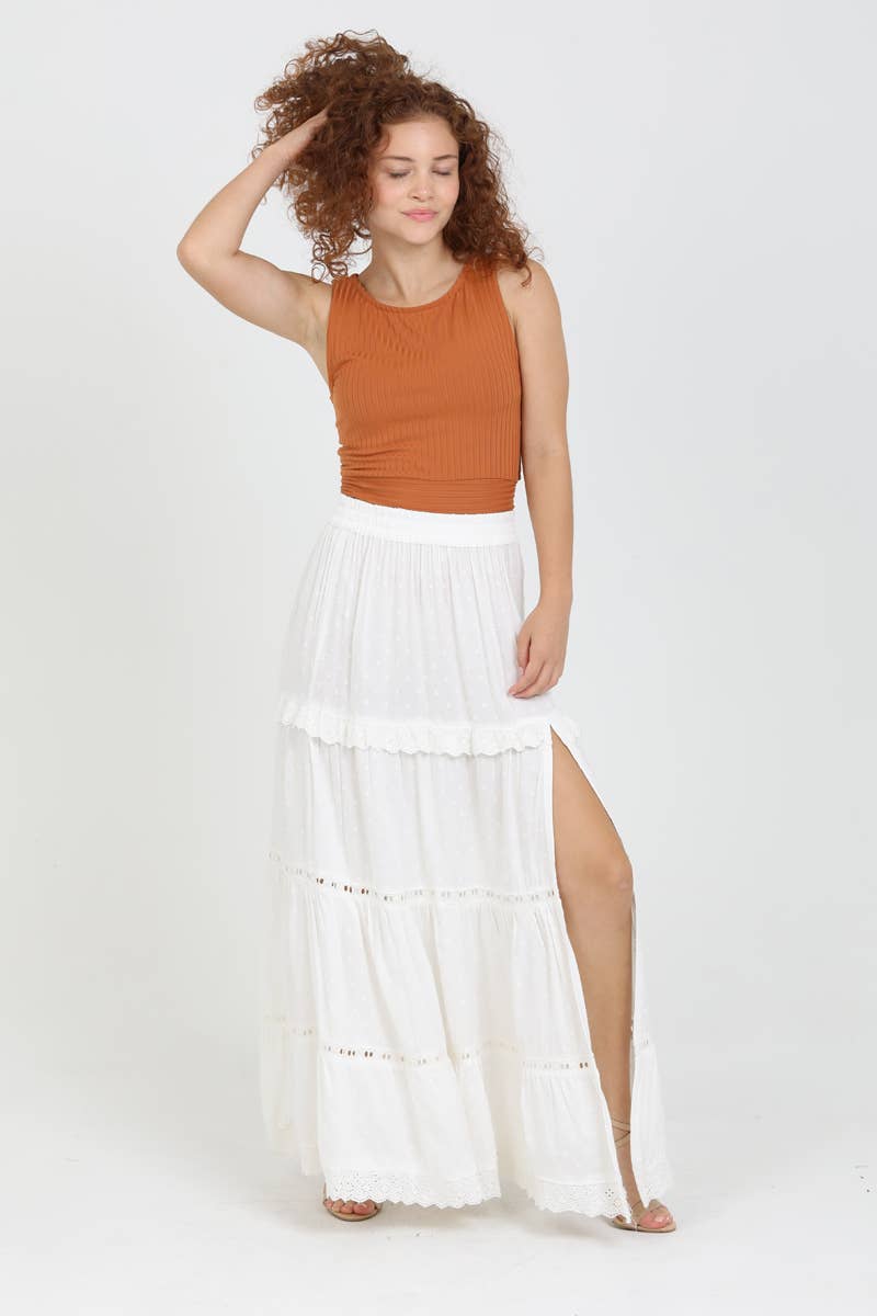 ANGIE – Saia - Mulher por atacado – Saia longa em camadas com detalhe de renda e fenda19