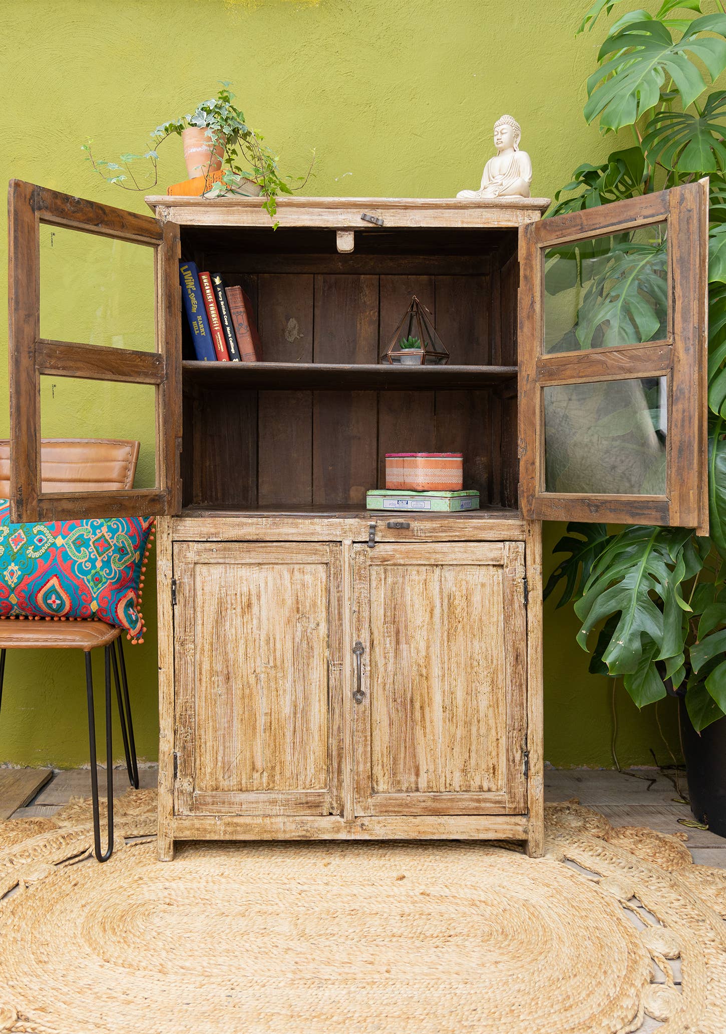 Namaste – wholesale Cabinet – Vintage Wood & Glass 3 Door, 1 Shelf Cabinet1