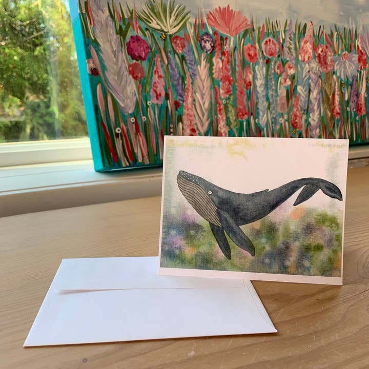 Gratulationskort ”Blåval i korallen” för wholesale av Elle Bee Art Studio