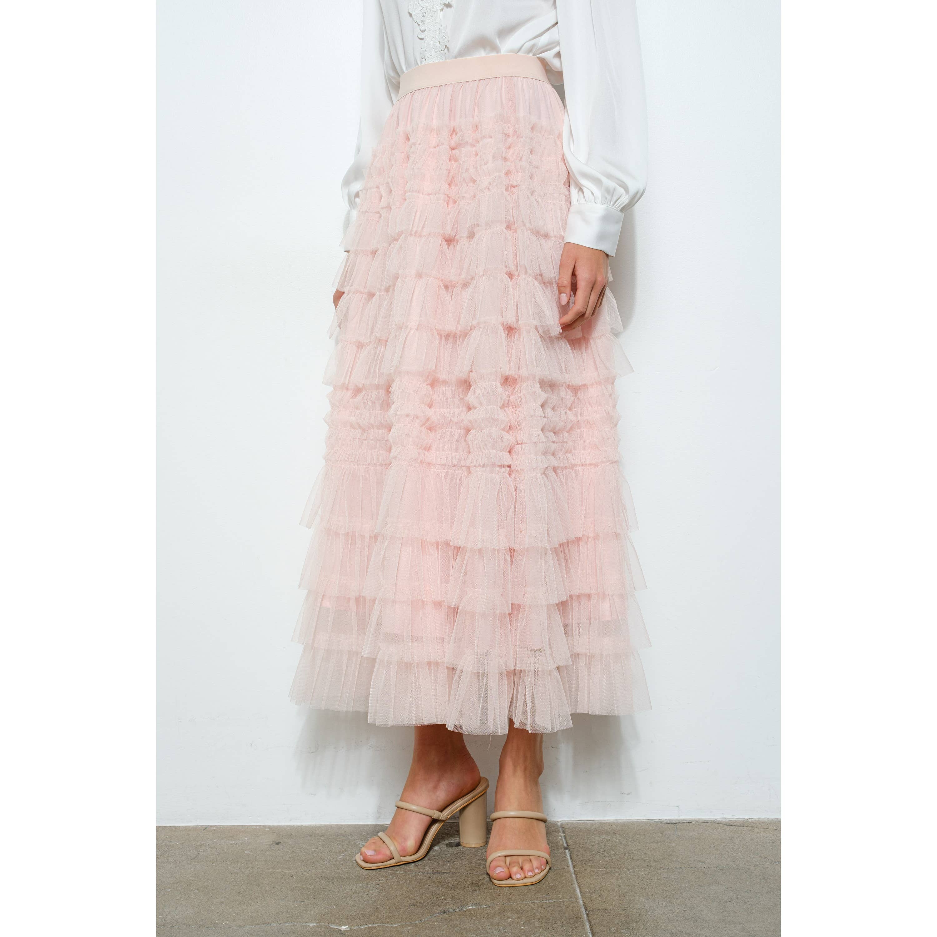 INA - Venta al por mayor Falda - Mujer - Falda Maxi de Tul con Volantes en Capas de Talle Alto6