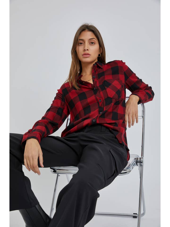 Be Cool - Wholesale Button Down Shirt - Women's - Classic Flannel Shirt With a Dark Gingham Pattern