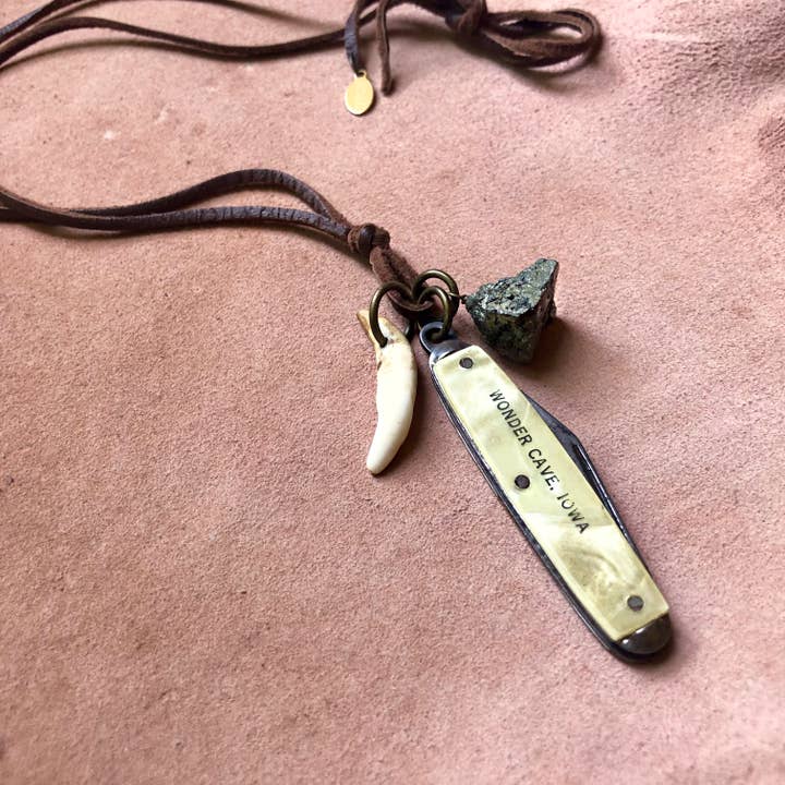 ASTALI - Wholesale Pendant/Charm Necklace - Vintage Pocket Knife & Coyote Tooth Necklace, Pyrite, Real10