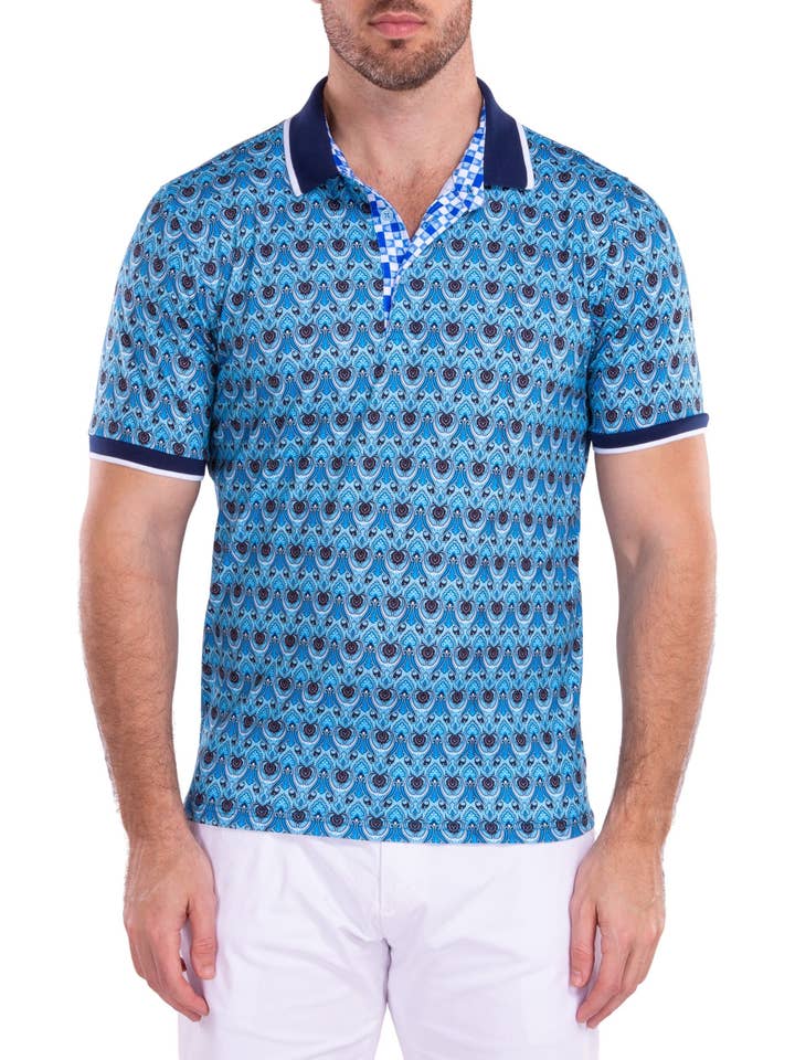 211838 - Turquoise Bedrukte Polo Shirt voor wholesale door Bespoke Moda