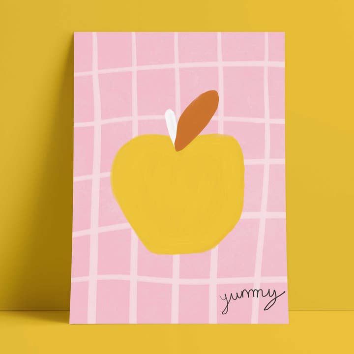 Yummy Apple Print - Bright Pink, Yellow Fine Art Print for wholesale by Orla and the Gang