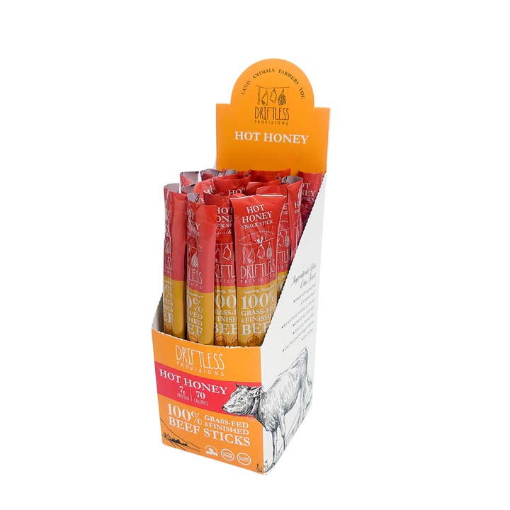 Hot Honey Grass-fed Beef Snack Sticks for wholesale by Driftless Provisions