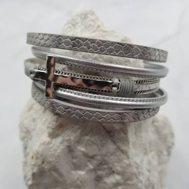 The Pretty Jewellery - Wholesale Bangle Bracelet - Cross Layered Leather Magnetic Bracelet