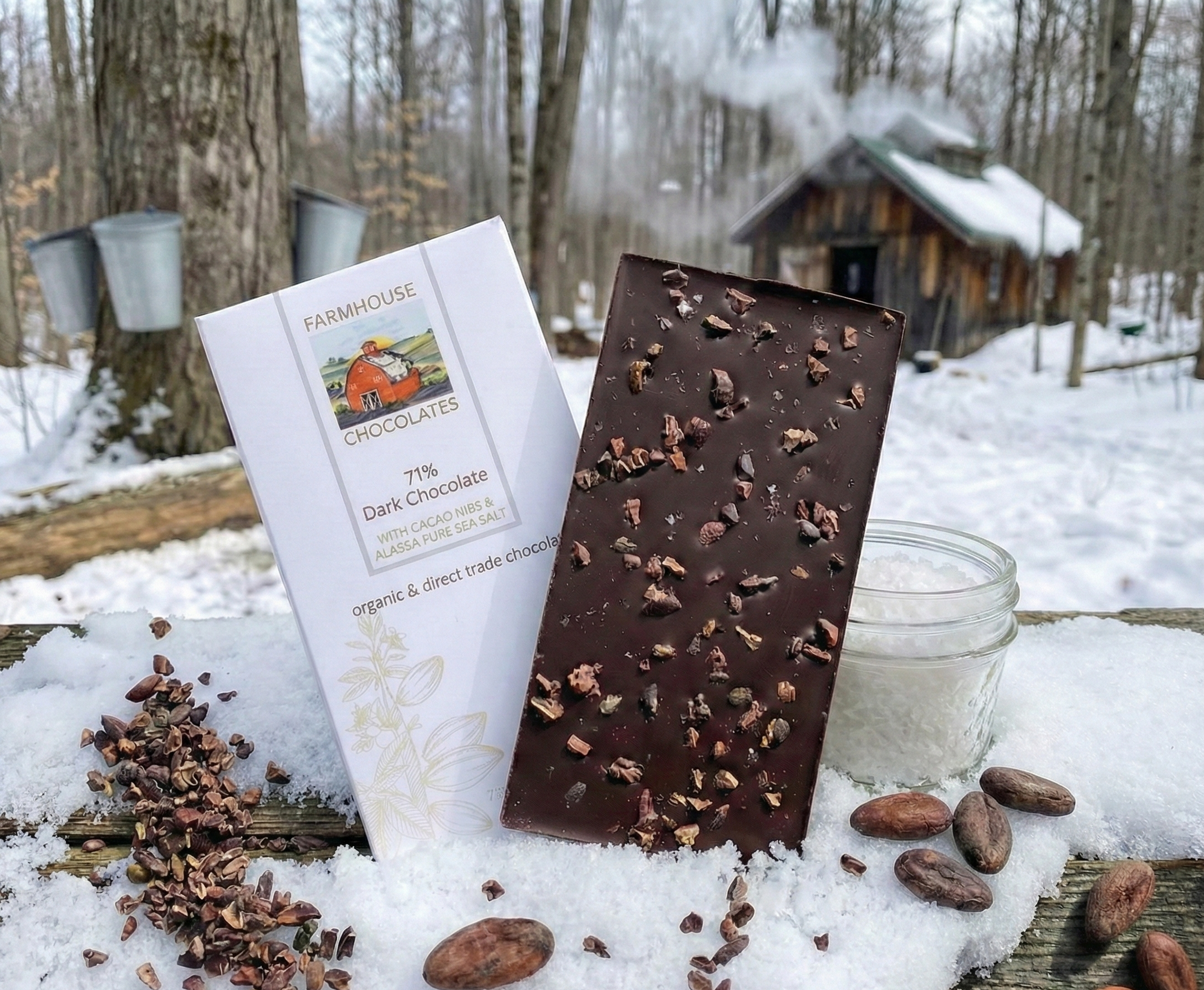 Farmhouse Chocolates - Wholesale Chocolate Bar - 71% Organic Chocolate Bar w/ Cacao Nibs & Alaskan Sea Salt1