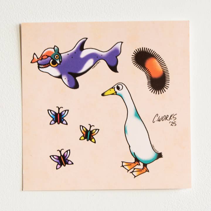 Orca Runner Duck Wooly Worm & Butterflies Tattoo Flash Sheet for wholesale by Curlworks