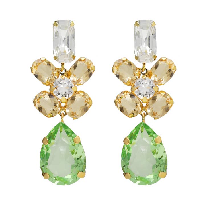 Boucles d'oreilles longues Glory goutte de cristal en argent plaqué or pour la vente par Victoria Cruz