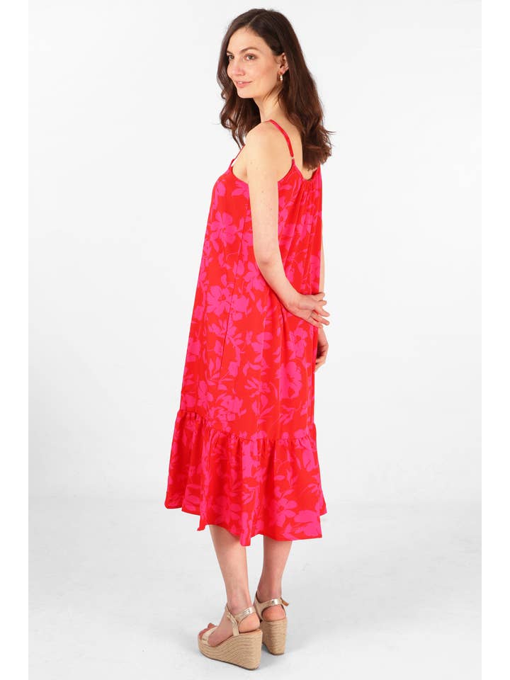 Sarta - Wholesale Dress - Women's - Tropical Floral Print Midi Tiered Slip Dress in Red Pink3