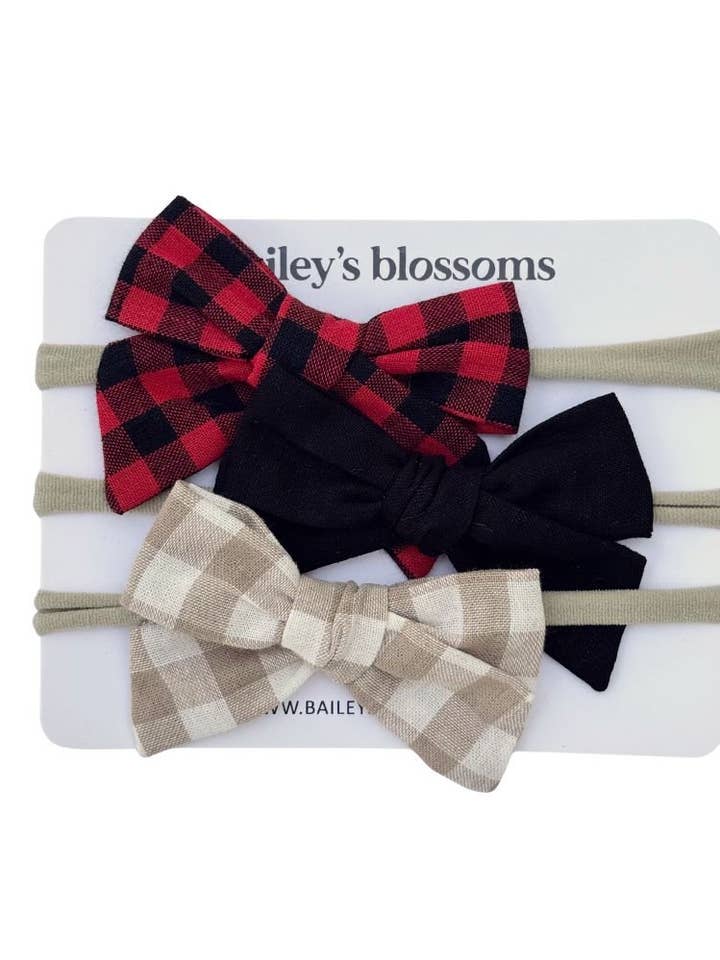 3-piece Linen Cotton Nylon Headband Set - Holiday Gingham for wholesale by Bailey's Blossoms
