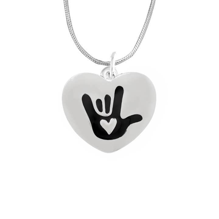 Deaf I Love You Sign Language Symbol Awareness Heart Necklaces for wholesale by The Awareness Company