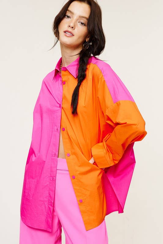 Mimosa - Wholesale Button Down Shirt - Women's - Color-Block Oversized Button Down Shirt7