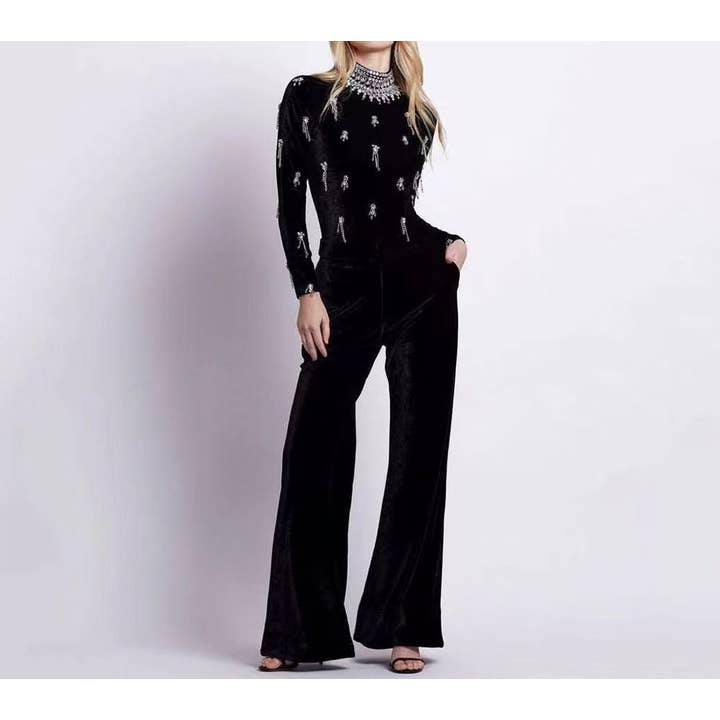 JP016 High Waist Beaded Diamond Bandage Wide Leg Jumpsuit for wholesale by Productseeker