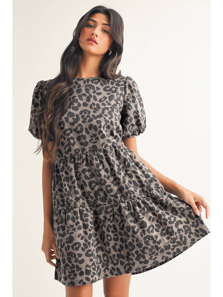 Brown LDC Denim Leopard Printed Short Sleeve Flared Mini Dress for wholesale on Faire
