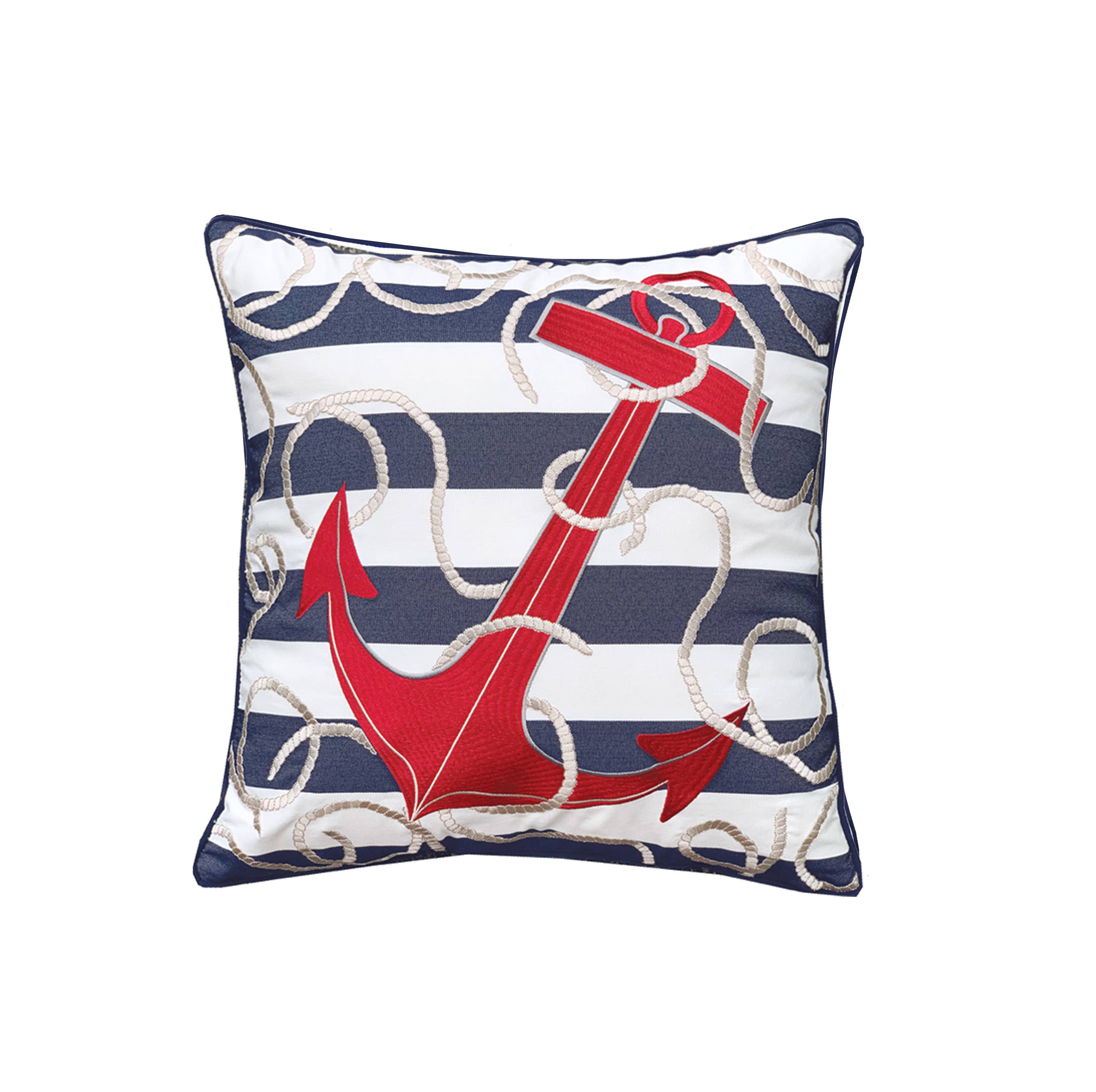 Rightside Design - Wholesale Throw/Decorative Pillow - Blue Stripe & Red Anchor Indoor/Outdoor Throw Pillow