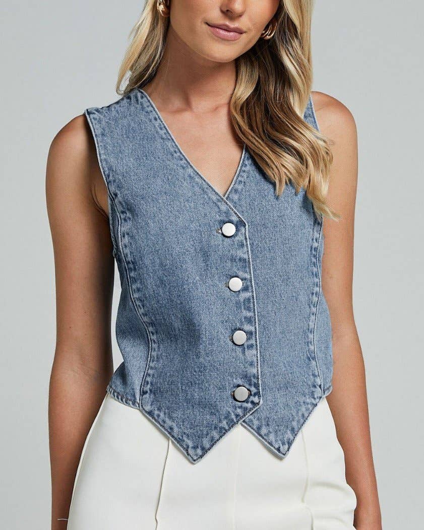 Blue Stylish Casual V-Neck Denim Vest for wholesale on Faire2