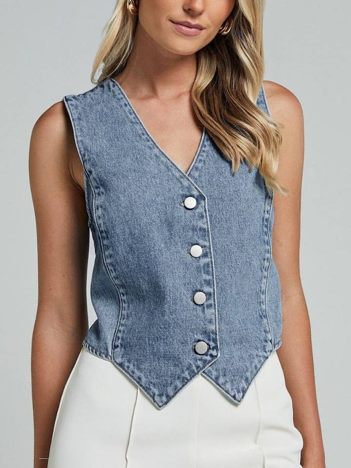 Blue Stylish Casual V-Neck Denim Vest for wholesale on Faire2