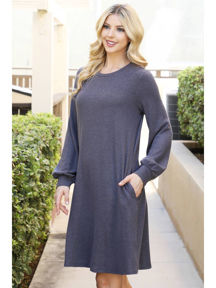 You & Me - Wholesale Dress - Women's - YMD10063V-PUFF LONG SLEEVE HACCI BRUSHED DRESS15