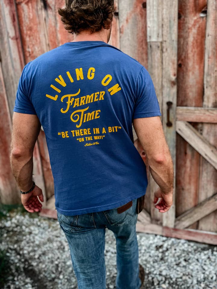 Living On Farmer Time Graphic Tee in Blue for wholesale by Kelso & Company