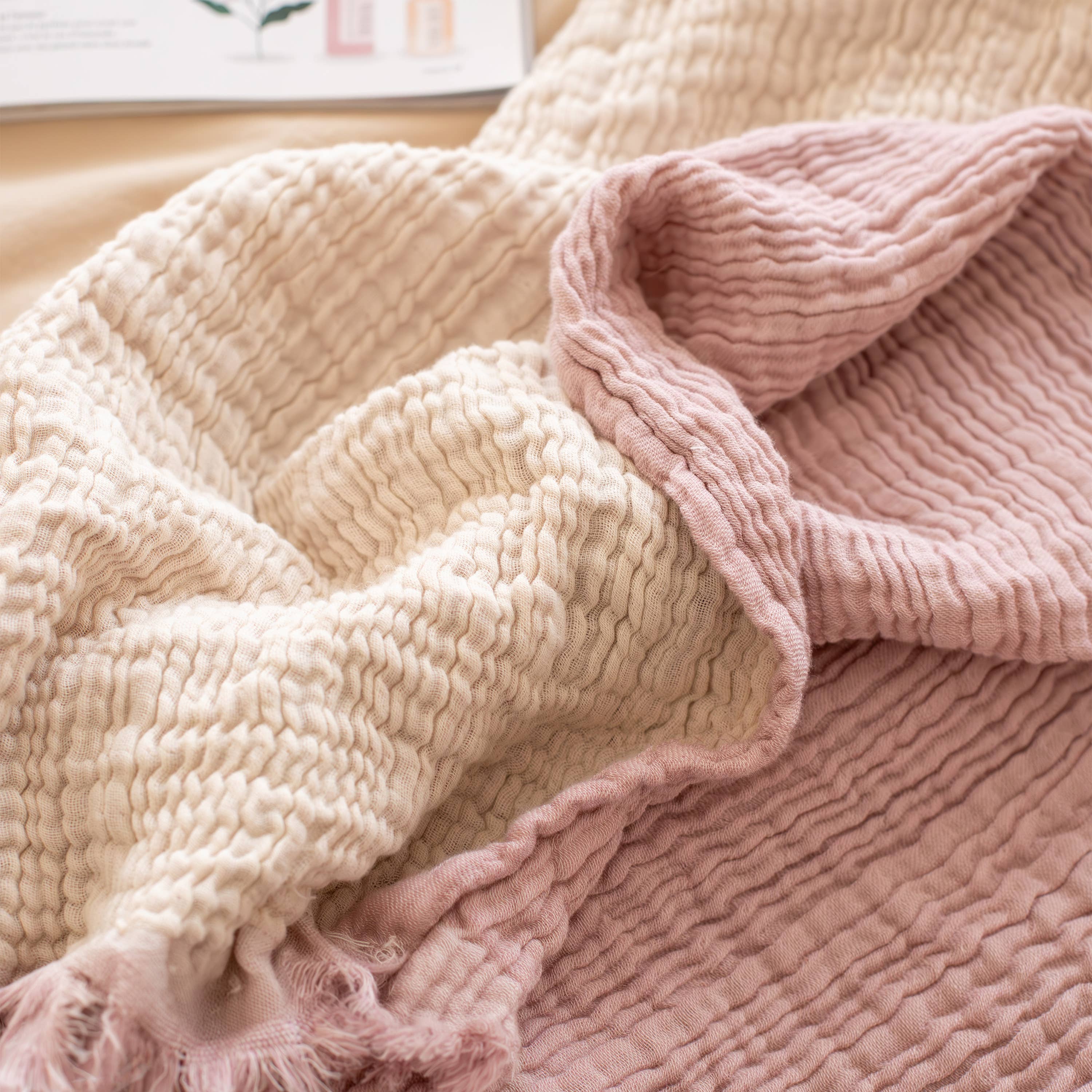 Vivamaison - Vente Plaids - Couvre-lit en mousseline frangé 100 % coton doux, 4 couches premium104