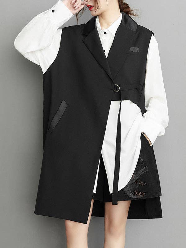 BLACK Sleeveless Asymmetric Pockets Tied Lapel Vest Outerwear for wholesale on Faire0